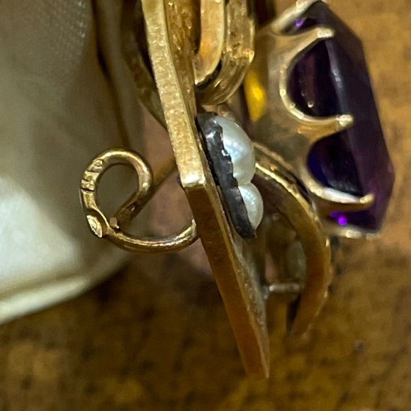 Antique Victorian 14k Yellow Gold Natural Amethyst Pearl Black Enamel Brooch - Picture 11 of 11